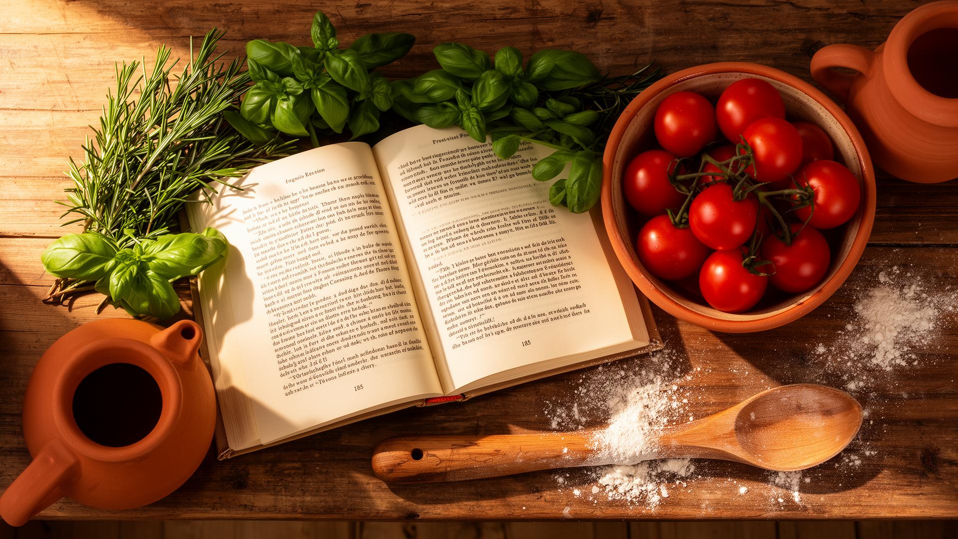 An open family cookbook on a rustic table with herbs, tomatoes, and terracotta pottery